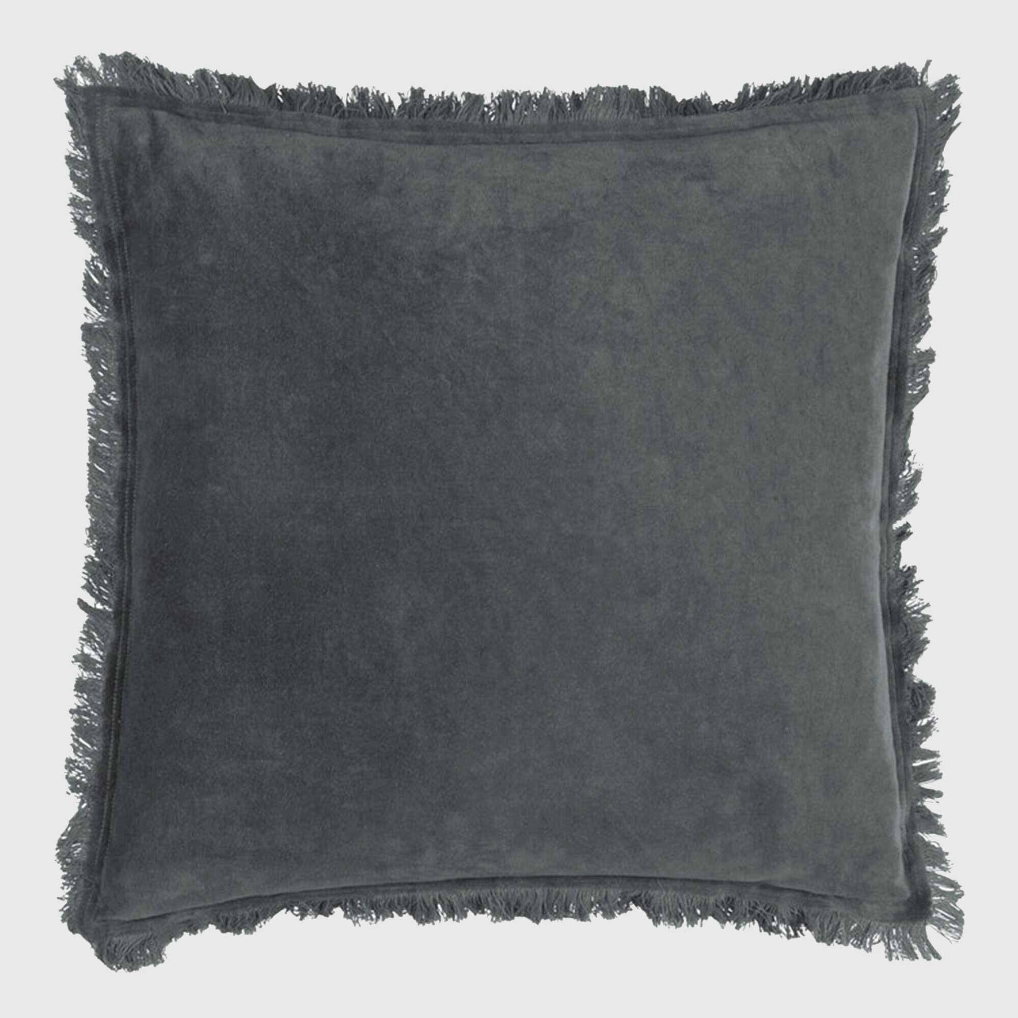 Fringed Velvet Slate Cushion, Square, Grey 100% Cotton | Barker & Stonehouse